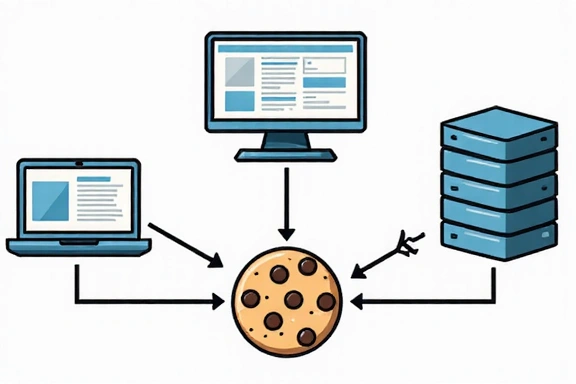 Ilustrație a unui cookie terț, cu un browser, un server principal și un server terț care colectează date
