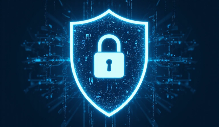 Imagine cu un scut de protecție și simboluri de securitate cibernetică, reprezentând măsuri de securitate a datelor.